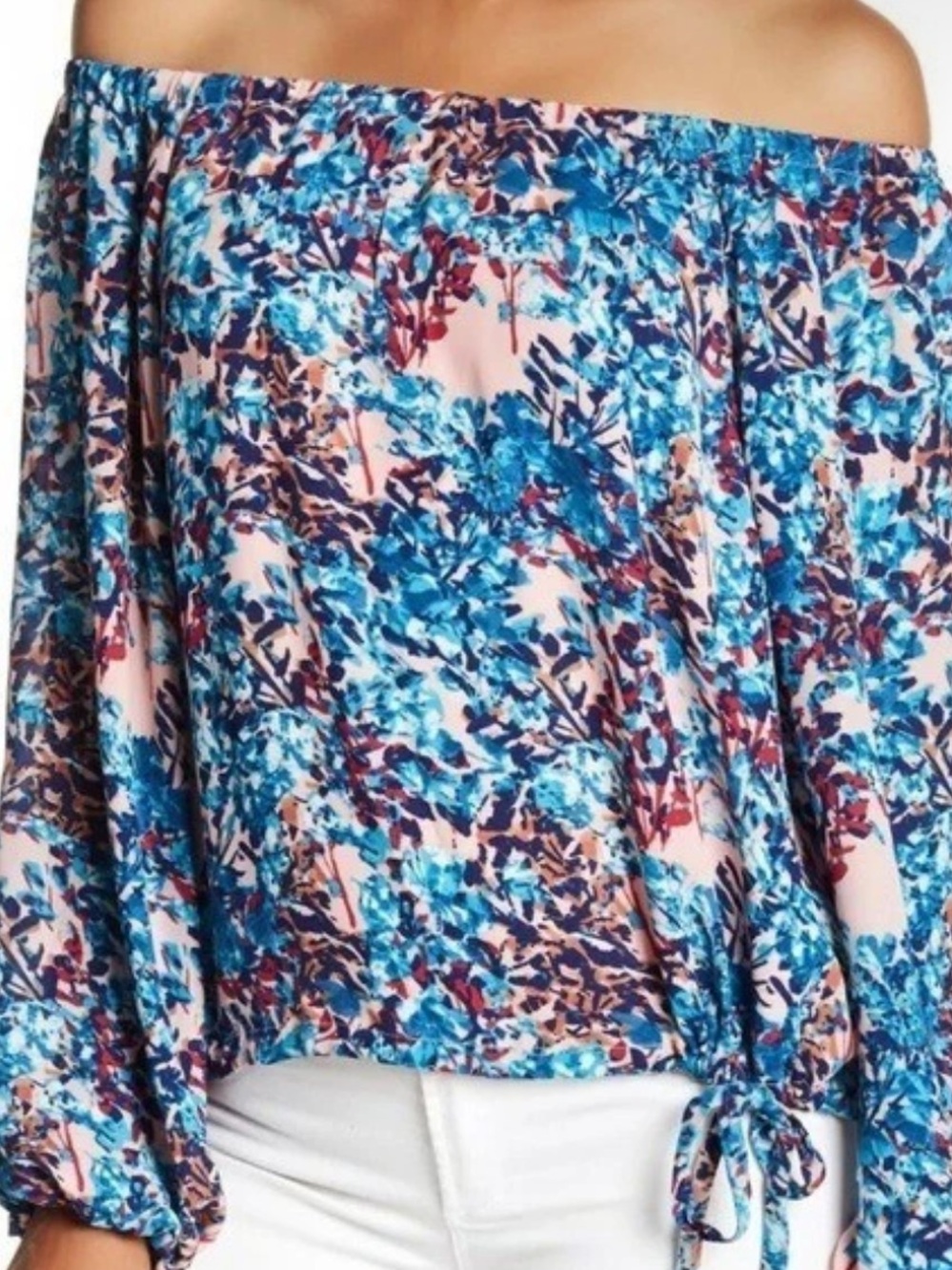 Parker blue pink off shoulder tie blouse patterned size S